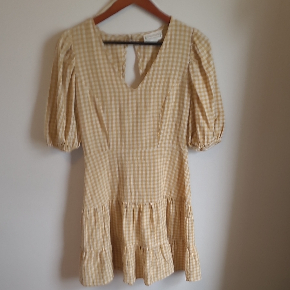 Love Riche Mustatd Gingham Puff Sleeve Mini Sundress